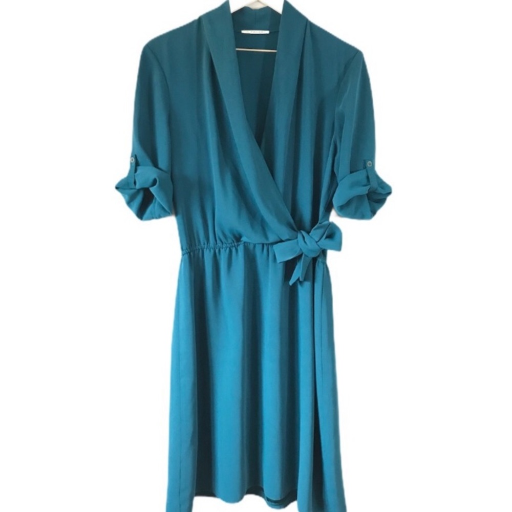Tahari teal blue faux wrap tie dress 14